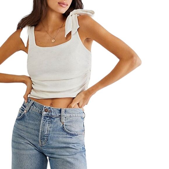 Free People Boulevard Tank Large New Ivory Ruched Tie Shoulder Top Boho Classic - Picture 1 of 8